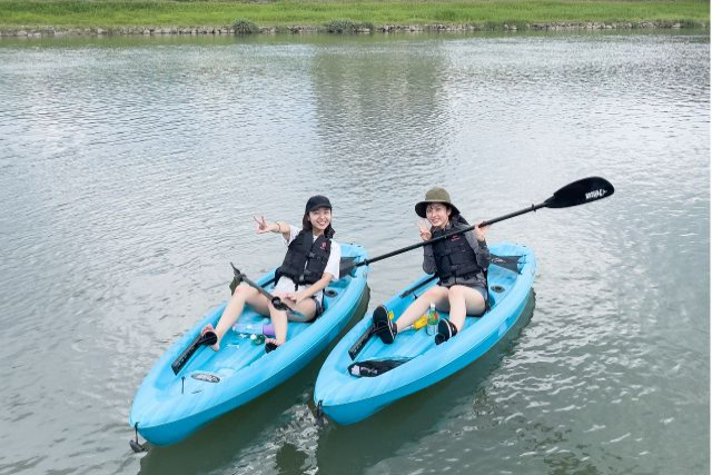 【福岡・朝倉・リバーカヤック】温泉入浴付きで濡れても安心！筑後川でカヤック体験 写真5